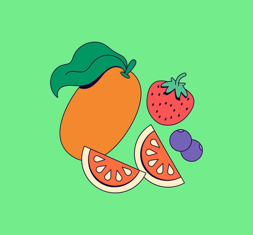illustration of various fruits with vitamin c cartoon hand drawn vector