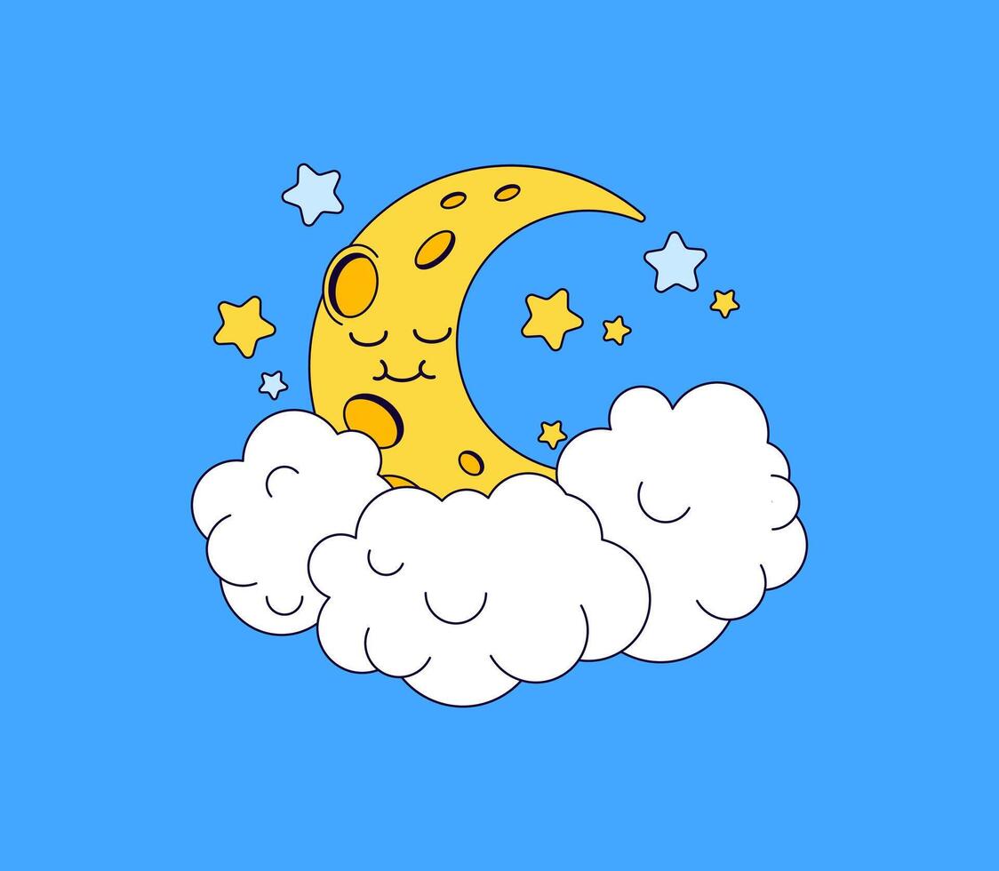 Smiling moon resting on clouds with stars hand drawn vector