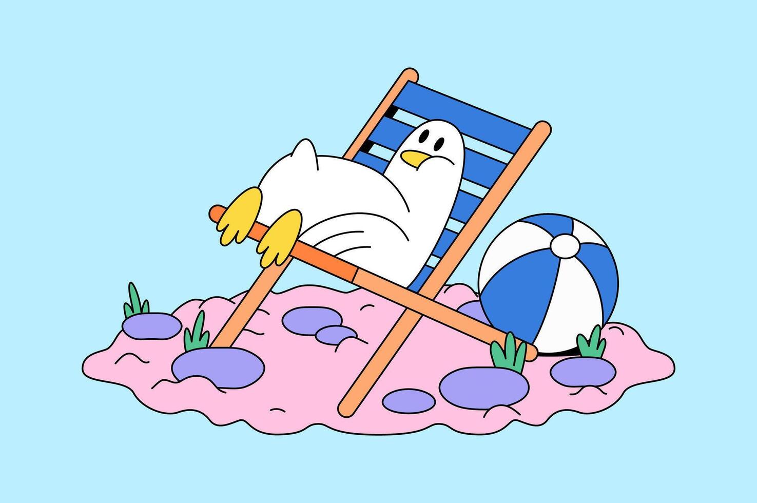 Duck lounging in a chair with a beach ball cartoon illustration vector