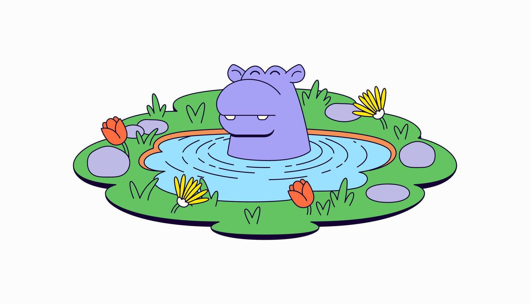 Hippo peeking out of the water pond cartoon illustration vector