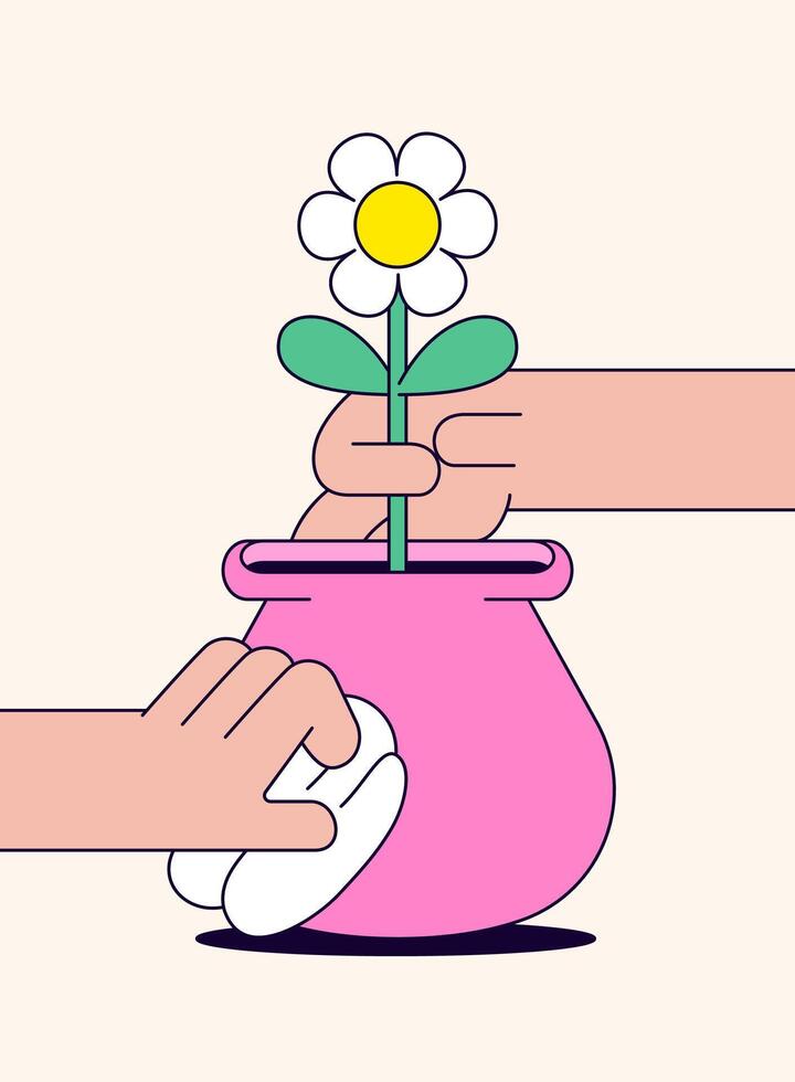 Hands planting a flower in a pot hand drawn vector