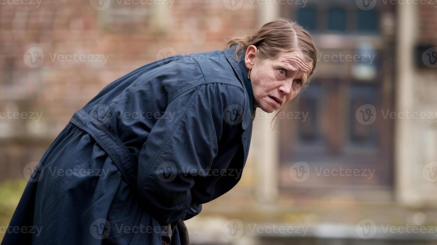 A man in a trench coat leaning against a brick wall photo