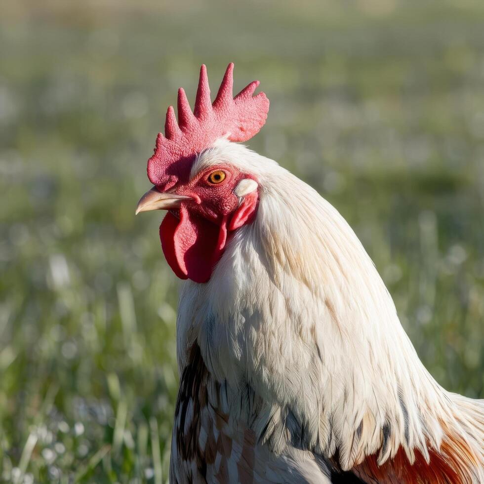 A rooster with a red comb stands in a field photo