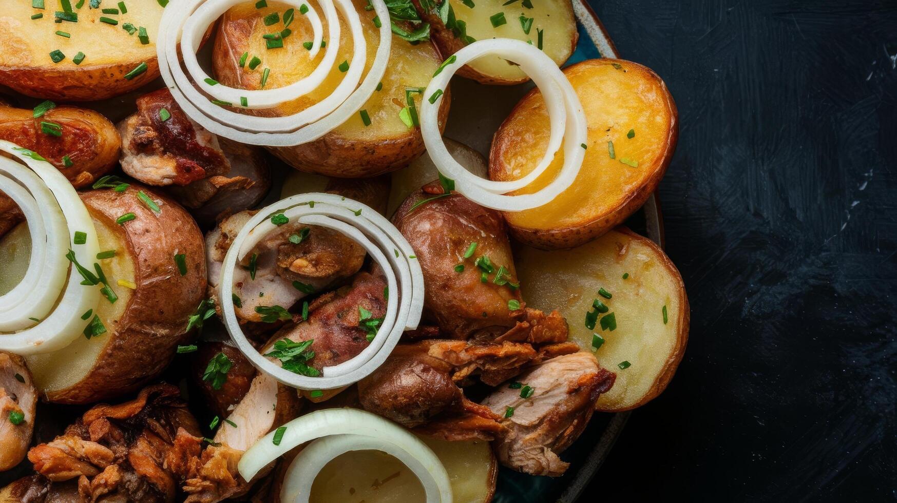 A plate with potatoes, onions and meat photo