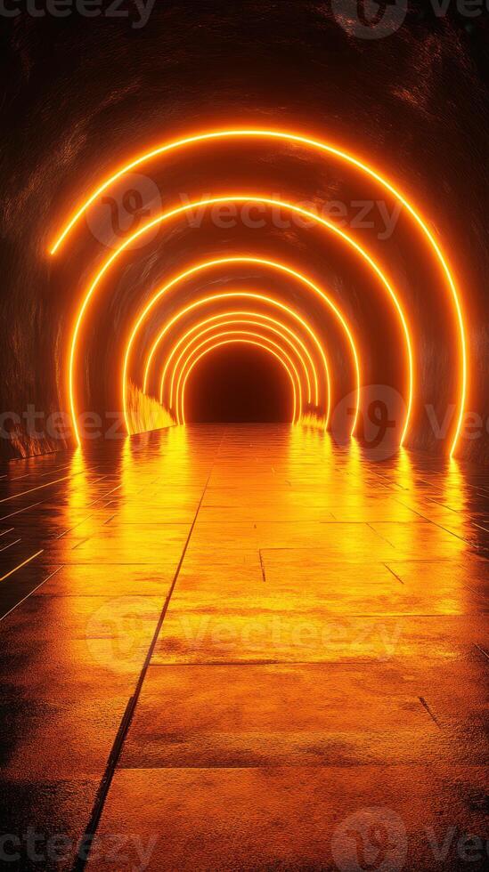Unique underground tunnel illuminated by bright orange lights creating captivating reflections on the floor photo