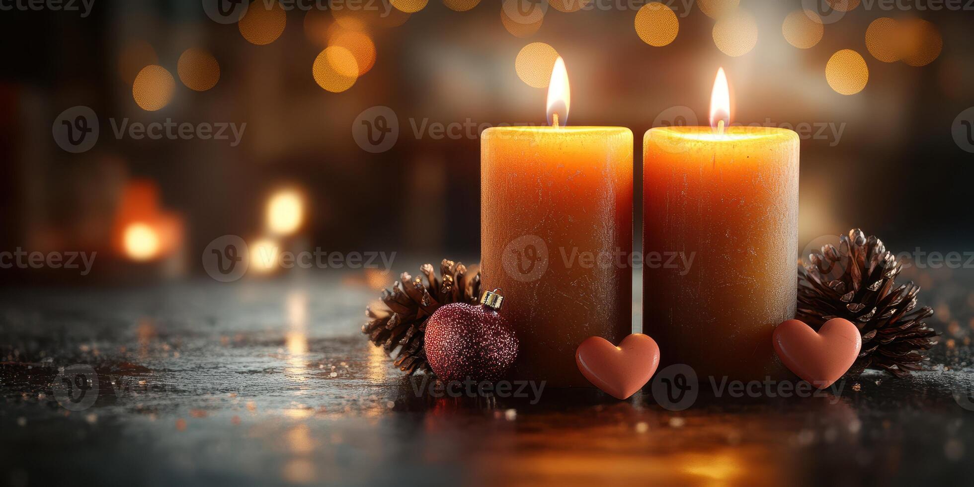 Warm candles illuminate a cozy setting with hearts and pinecones during a romantic evening photo