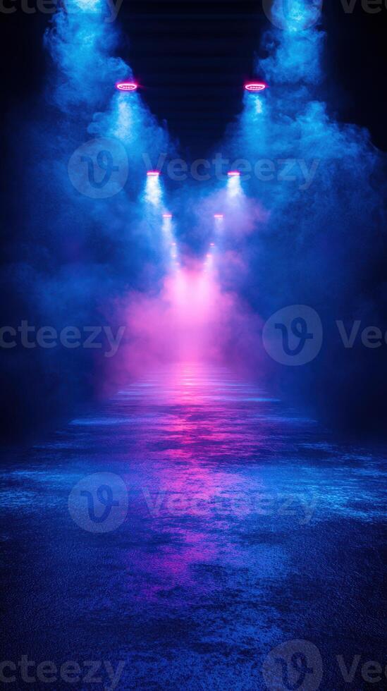 Vibrant neon lighting creates an immersive atmosphere in a fog-filled space during a nighttime event photo