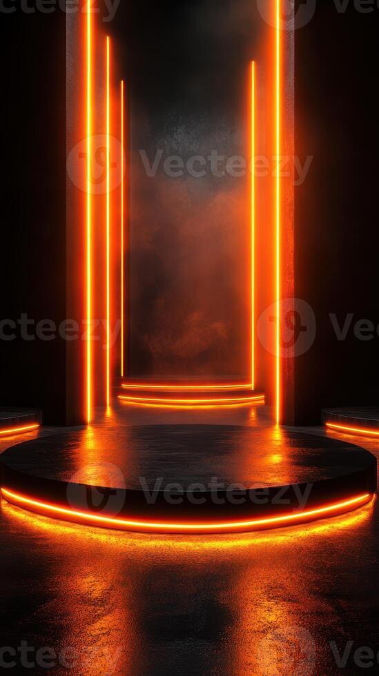 Bright orange neon lights illuminate a dark and atmospheric stage space photo