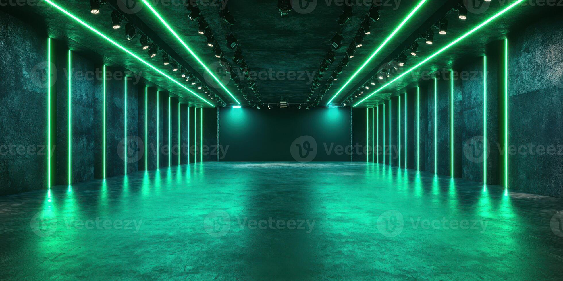 Modern event space with green neon lights designed for performances and gatherings in an urban setting photo