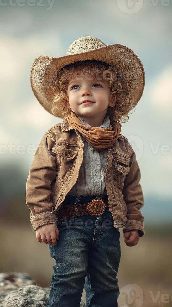 Young child dressed as a cowboy stands proudly outdoors wearing a hat and scarf in a rural landscape photo