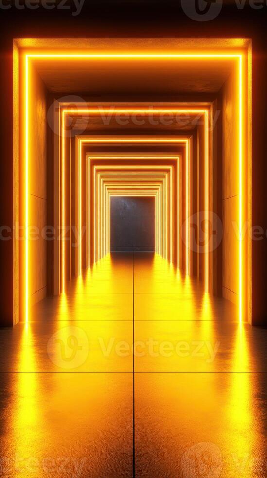 Bright golden passageway illuminated by glowing lights in an architectural corridor under soft ambient lighting photo