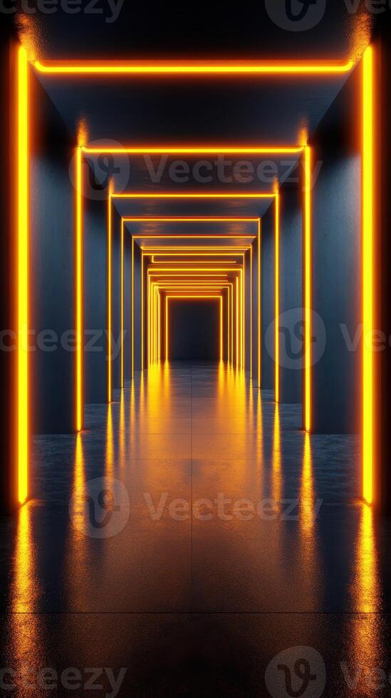 Illuminated corridor with glowing orange lines creating a futuristic atmosphere photo
