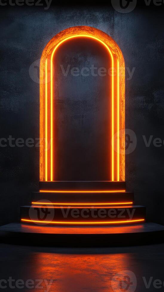 Bright orange illuminated archway in a dark room creates a dramatic atmosphere for events or performances photo