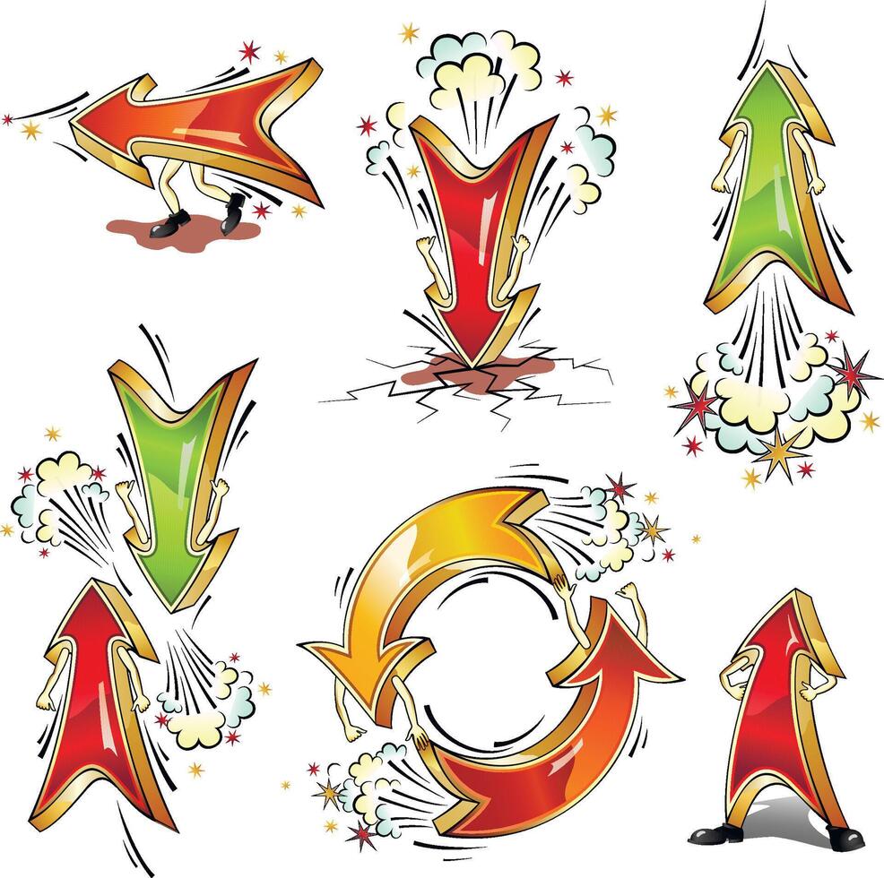 Cartoon moving volume arrows in different forms and actions vector