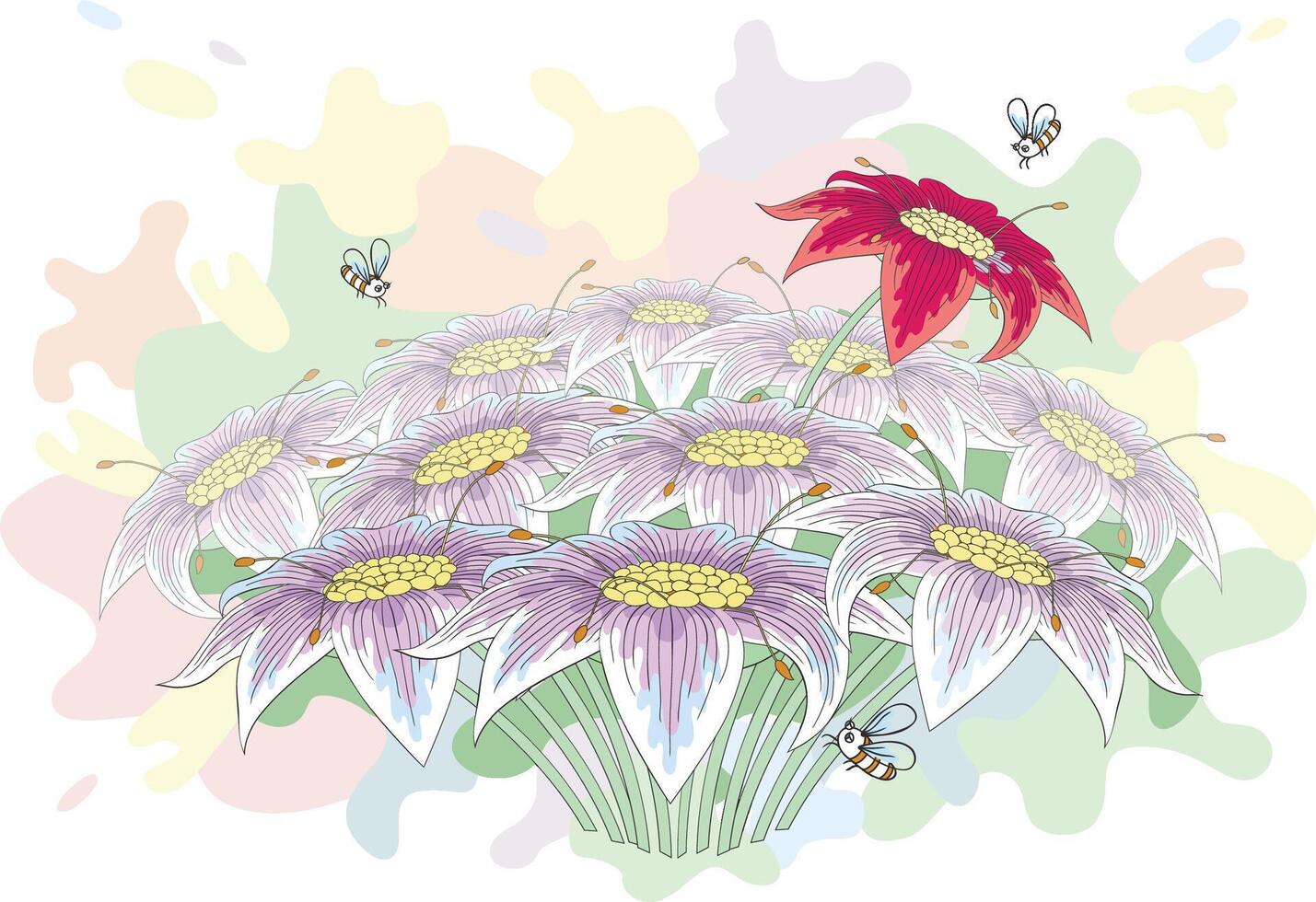 Bunch of beautiful lily flowers with bees turning over them vector