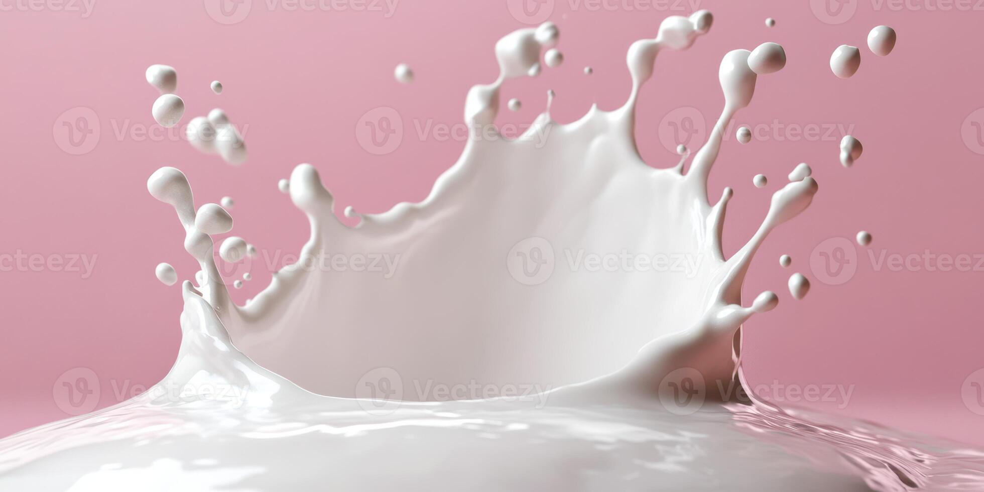 Milk splashes dramatically against a soft pink background creating a playful and artistic effect photo