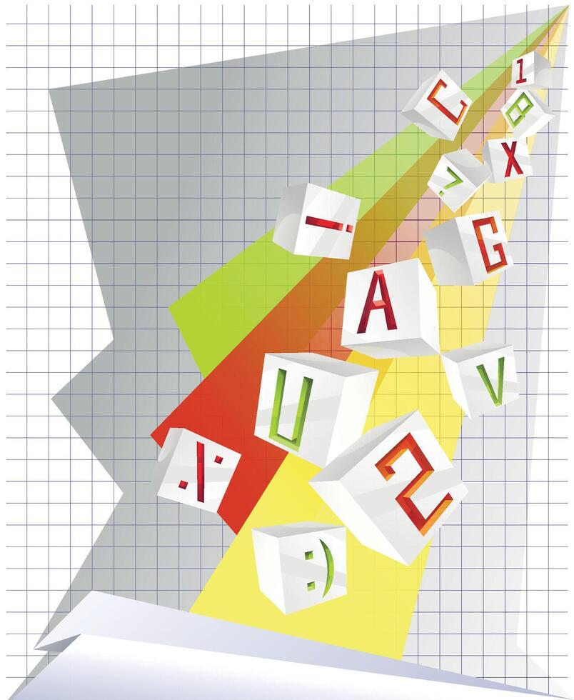 3D volume letters and shiny red, green and orange figures and signs on the vertical list of paper vector