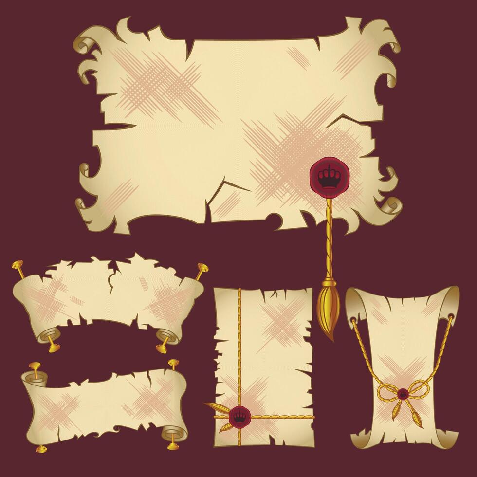 Ancient old parchment scroll banners with gold royal details vector