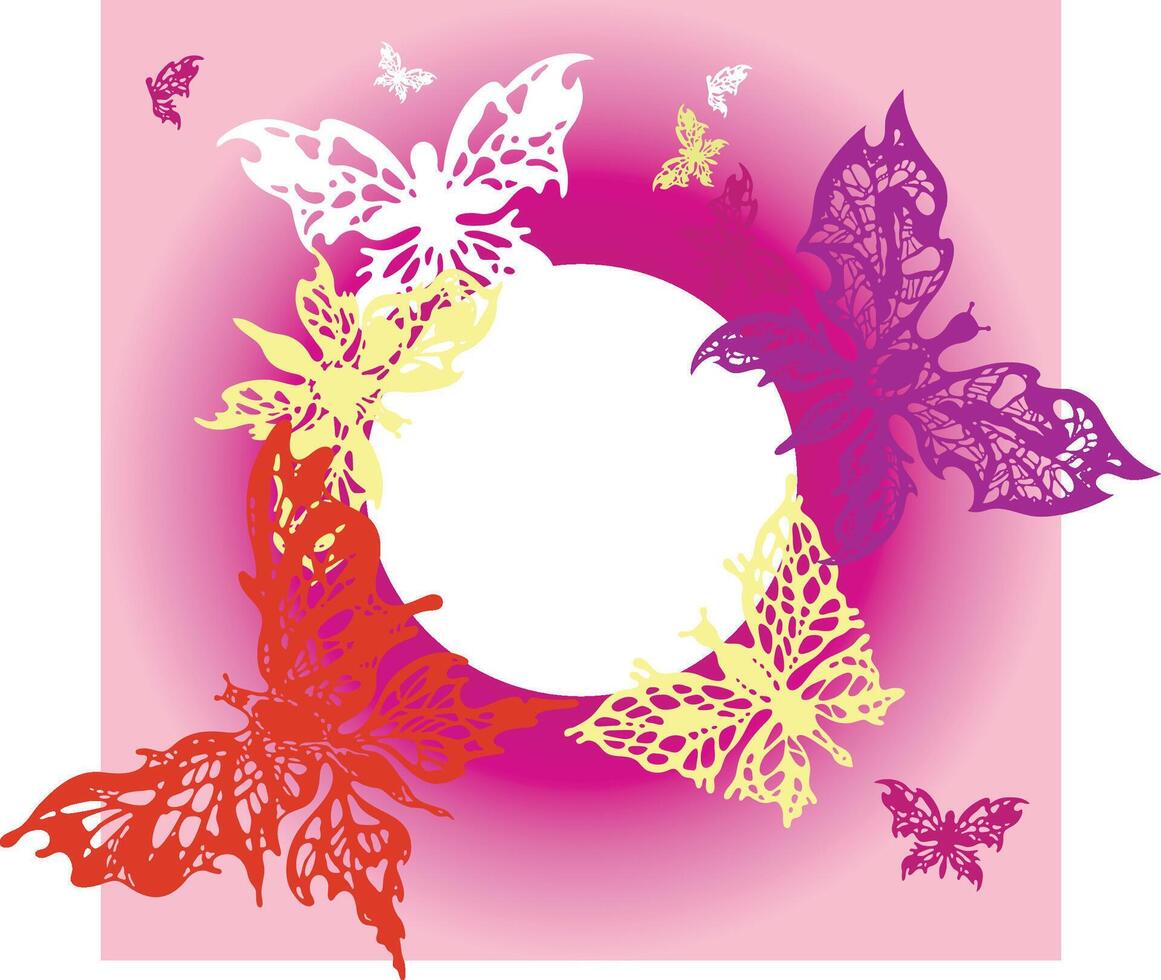 Pink, white, yellow, orange and violet butterflies on a square background with white circle place for text vector