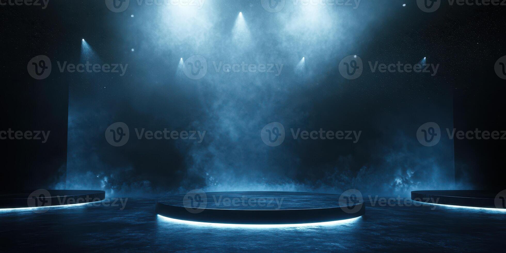 Mysterious foggy stage illuminated with blue light in an indoor venue showcasing potential performers photo