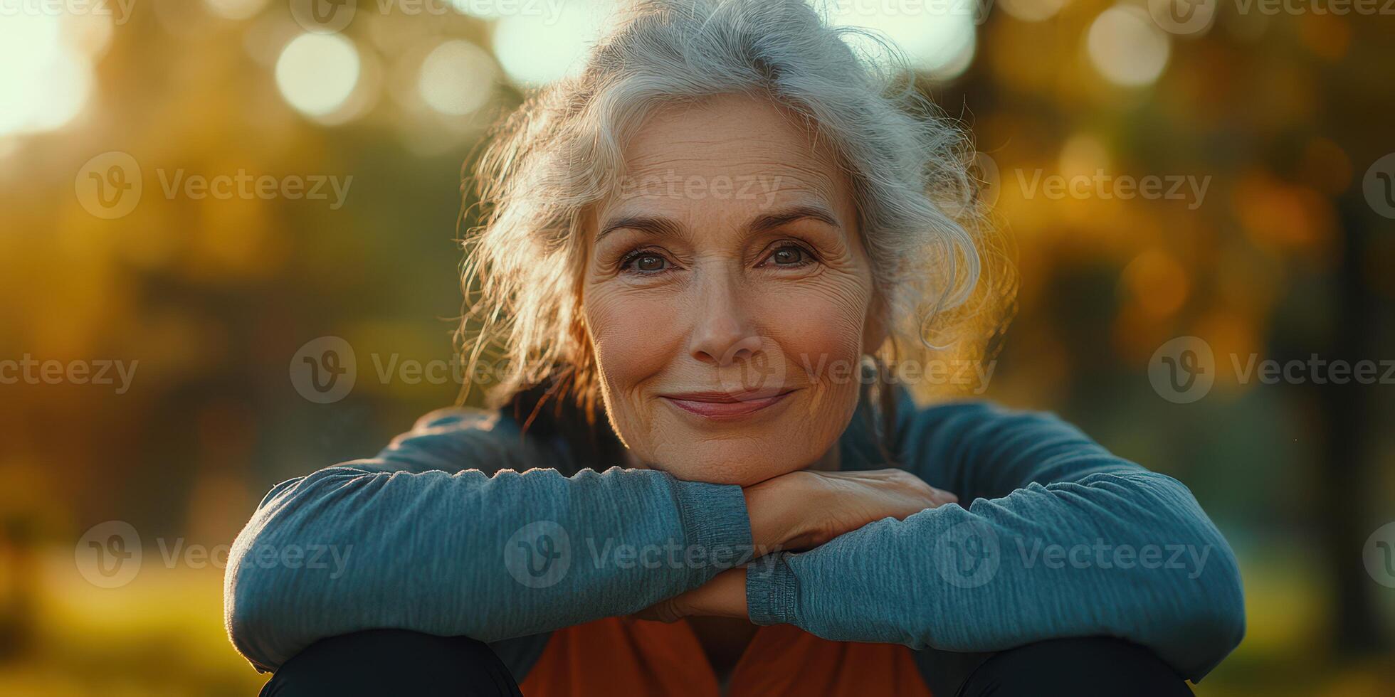 Smiling older woman enjoys a peaceful moment in a sunlit park during autumn photo