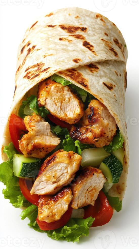 Grilled chicken wrap filled with fresh vegetables and herbs served on a white background photo