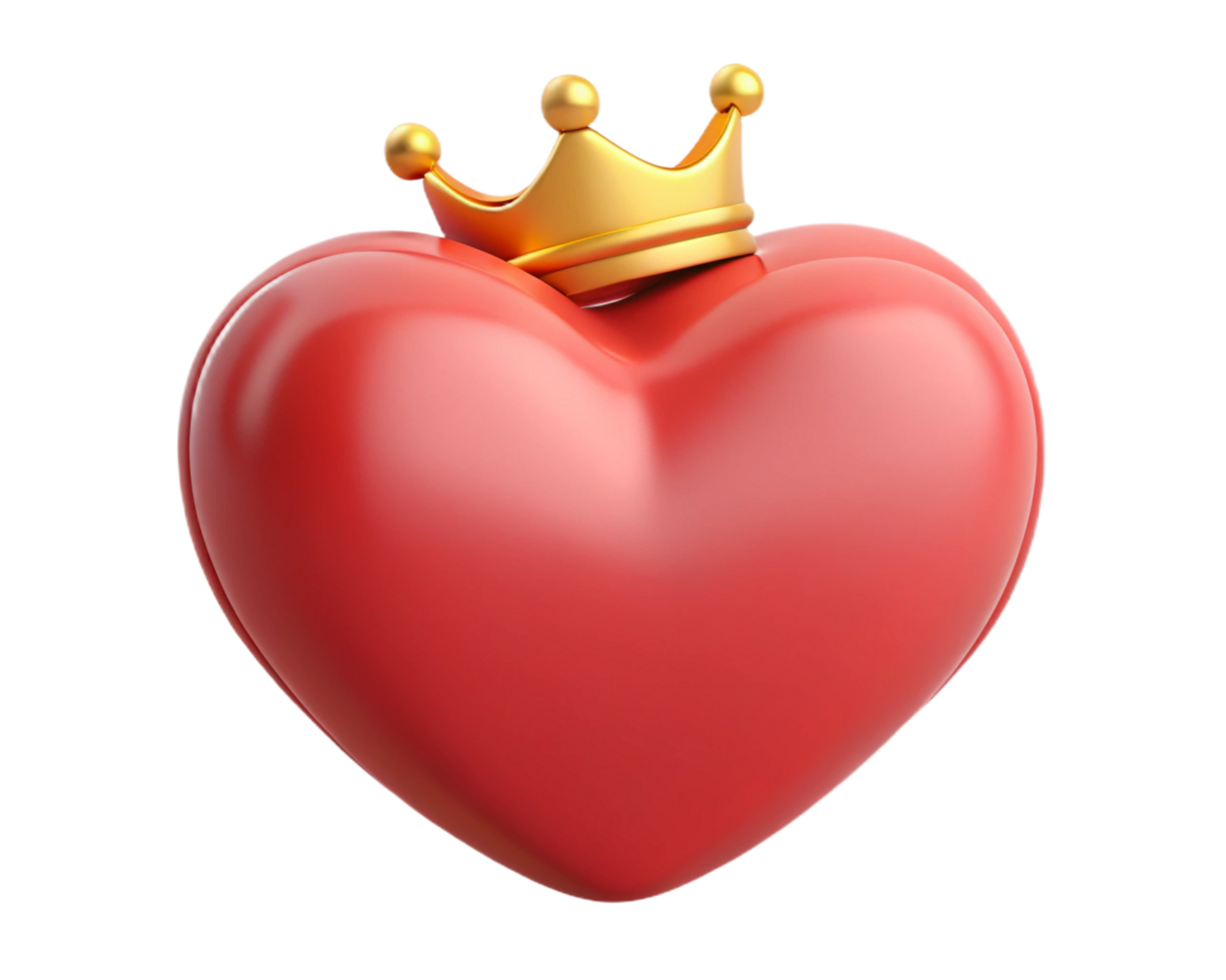 Ornate golden crown sitting atop a heart shape png