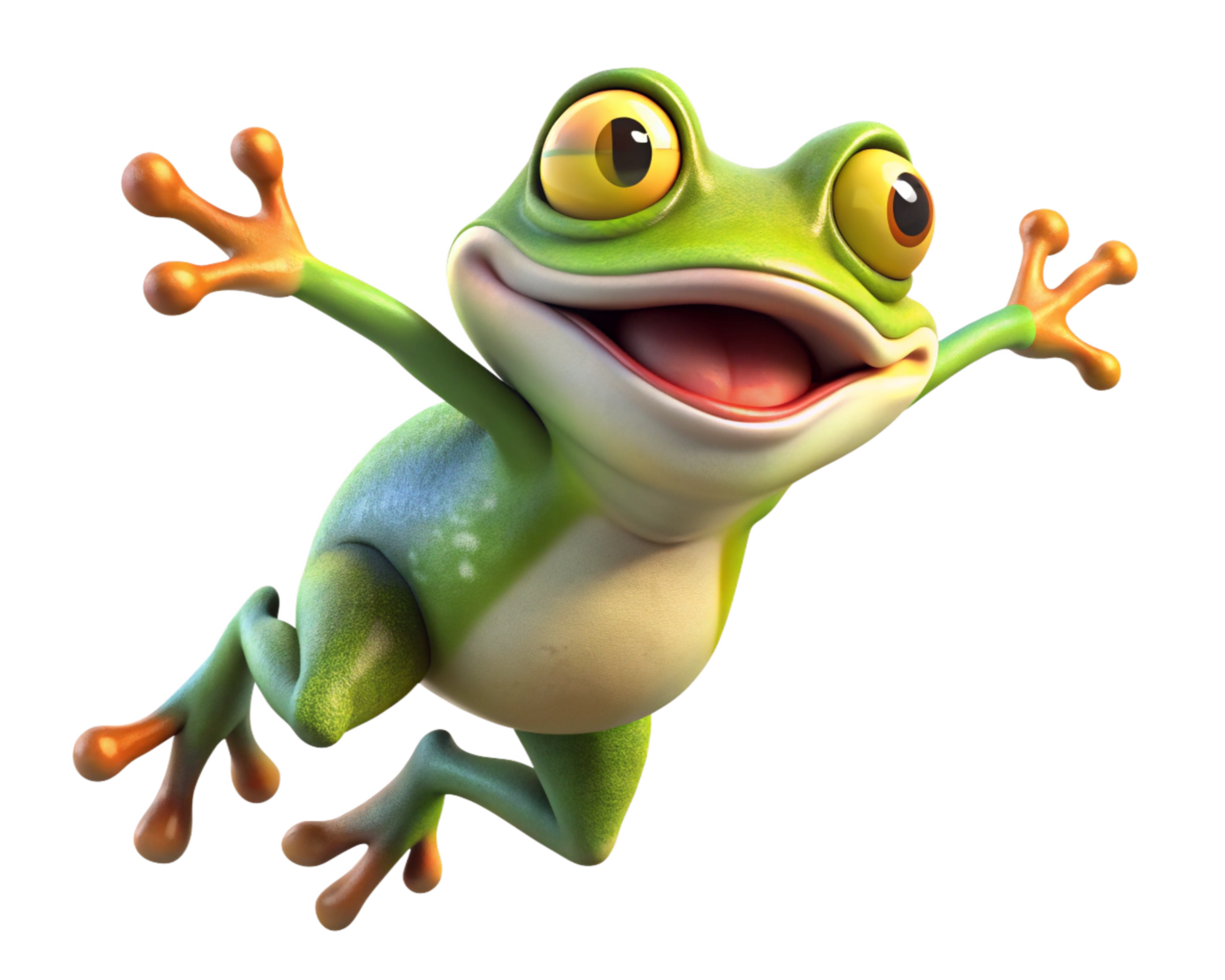 Green frog in motion mid-jump with transparent background png