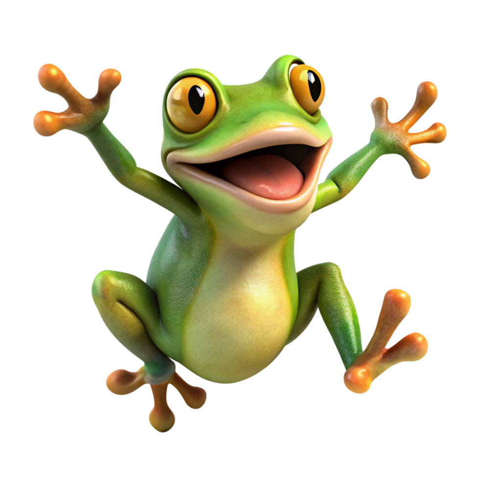Adorable frog character in a dynamic jump with transparent background png