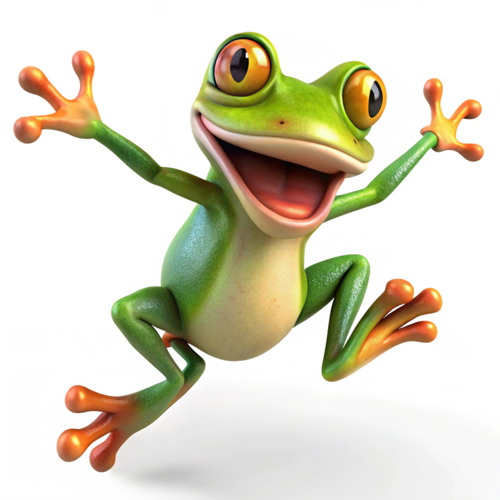 Funny green frog in a mid-air jump with transparent background png