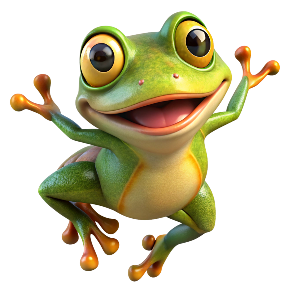 Smiling green frog taking a joyful jump on transparent background png