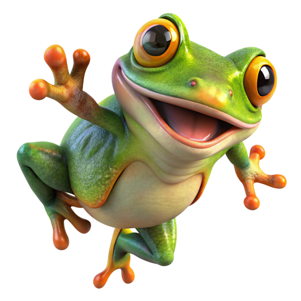 Cute frog caught mid-air while jumping on transparent background png