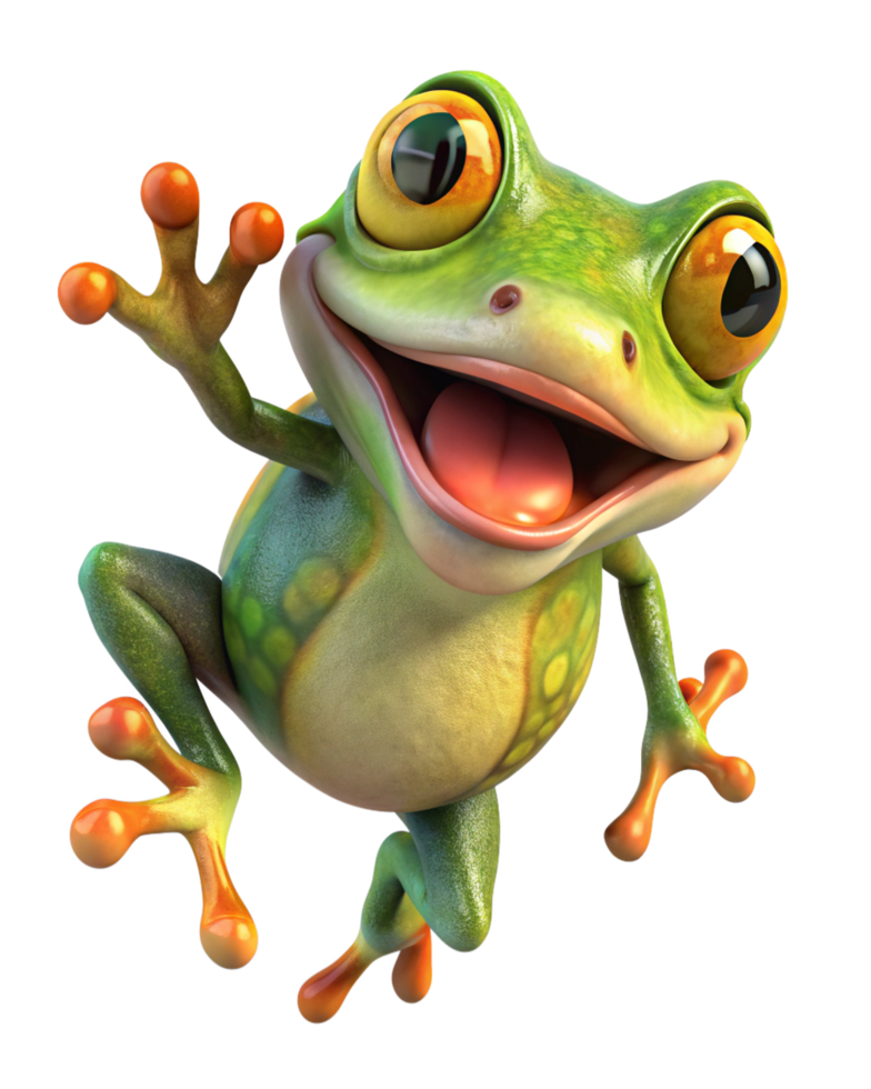 Cute jumping frog character in cartoon style on transparent background png