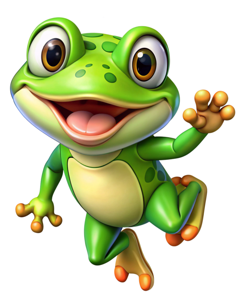 Cute green frog jumping joyfully on transparent background png
