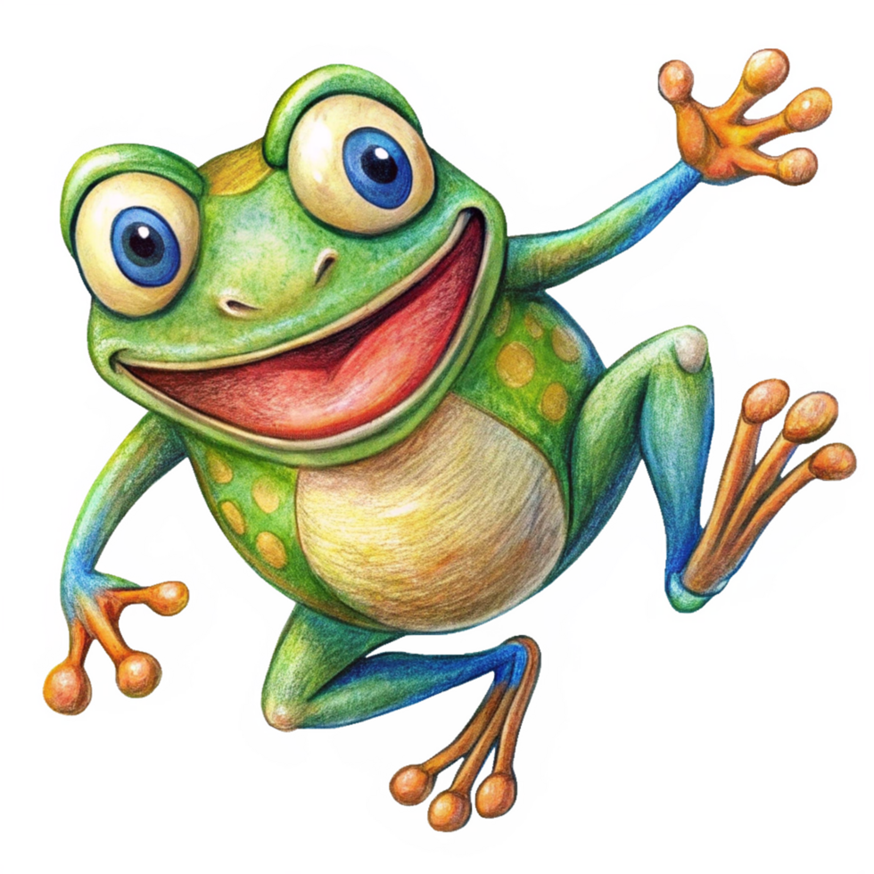 Cute cartoon frog in a playful jump on transparent background png