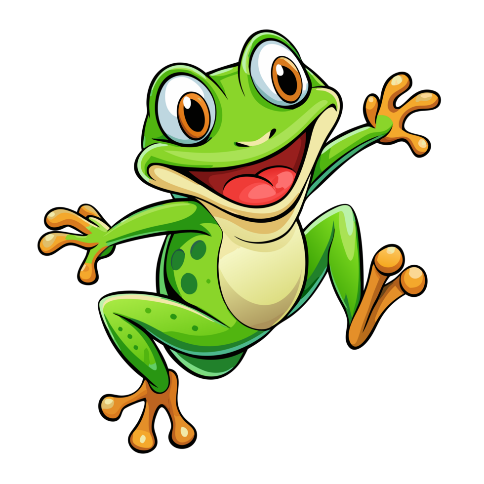 Cute jumping frog character with a big smile on transparent background png