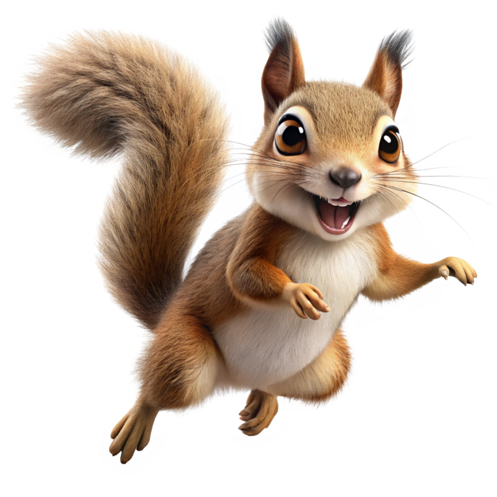 Playful cartoon squirrel jumping forward joyfully on transparent background png