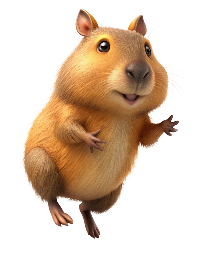 Cheerful cartoon capybara taking a happy leap on transparent background png