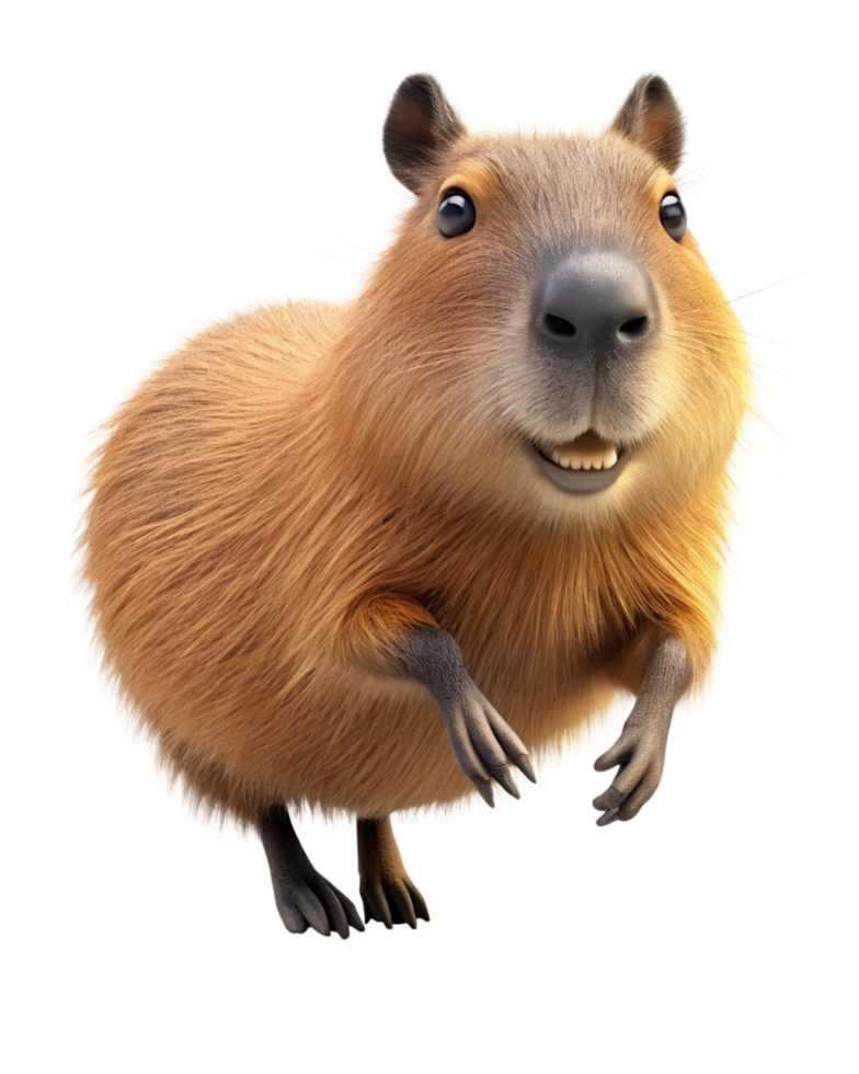 Cheerful capybara character making a big leap on transparent background png