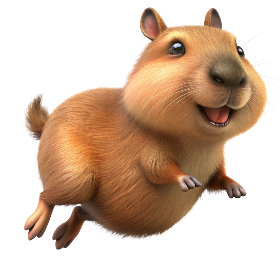 Energetic jumping capybara captured in a fun leap on transparent background png