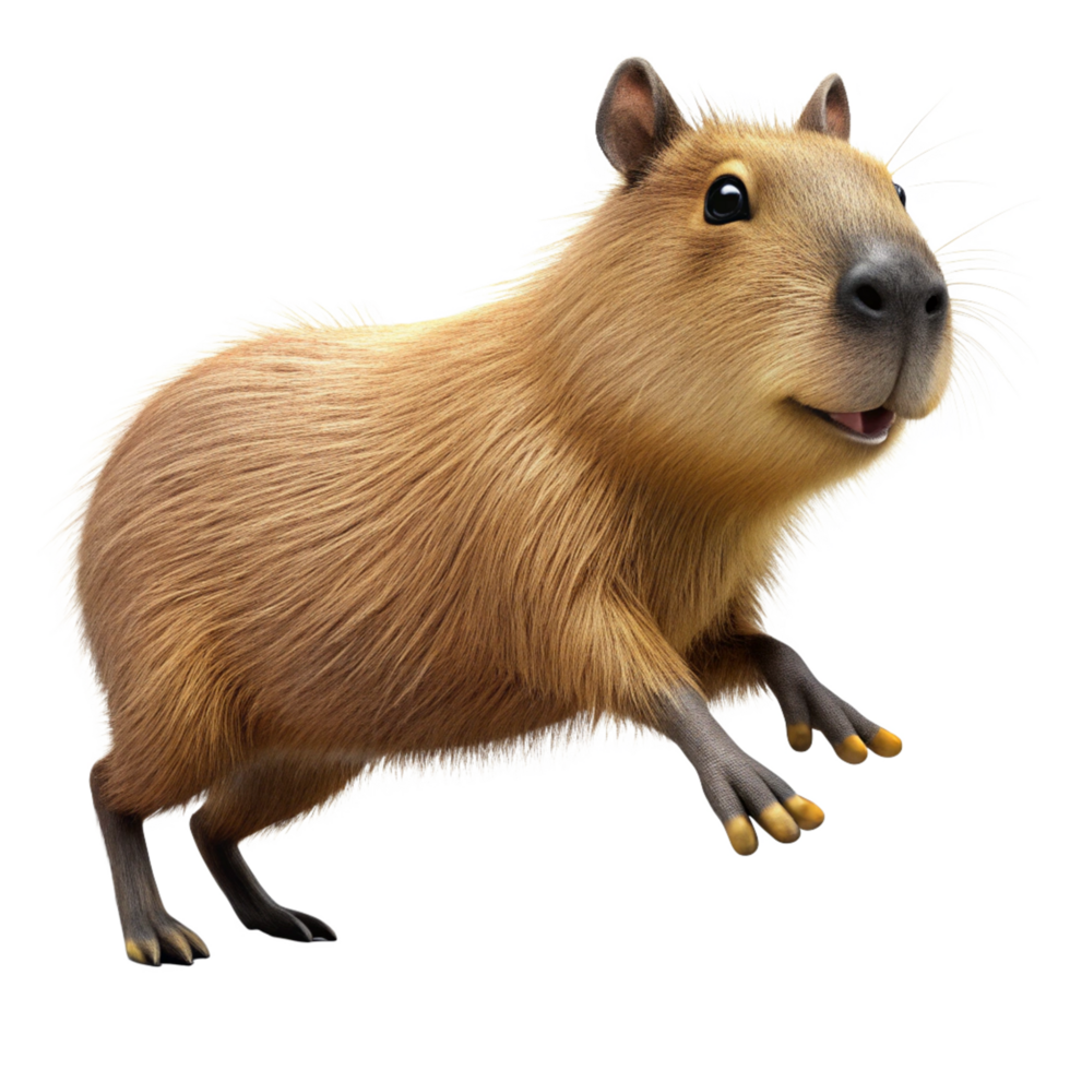 Excited fluffy capybara in a dynamic leap on transparent background png
