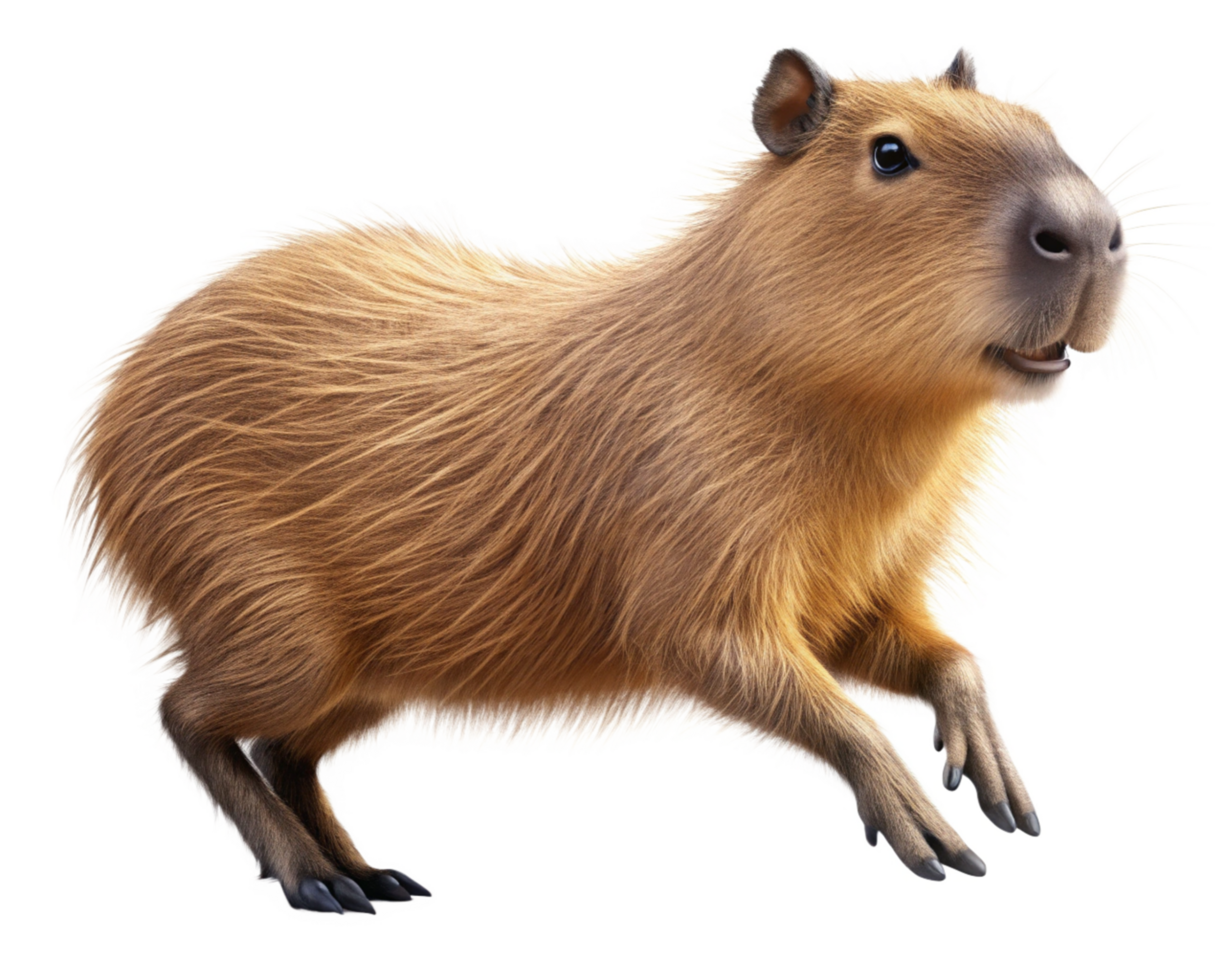 Happy jumping capybara in a fun pose with transparent background png