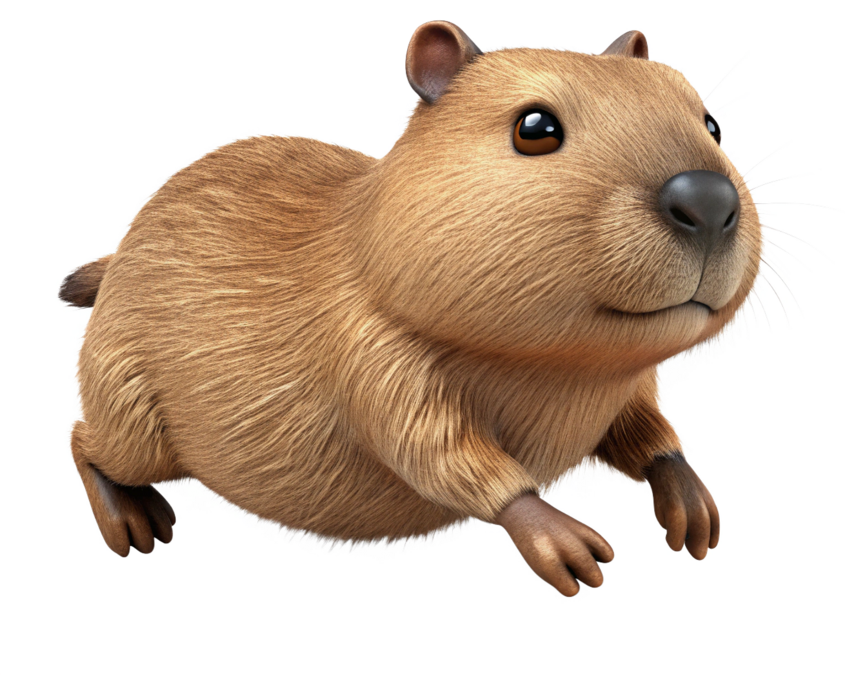 Playful pet capybara bouncing forward with transparent background png