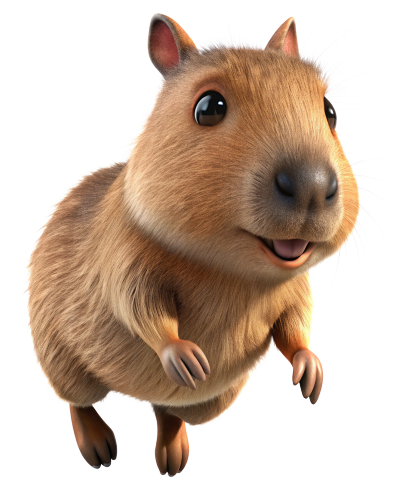 Cheerful capybara soaring through the air on transparent background png
