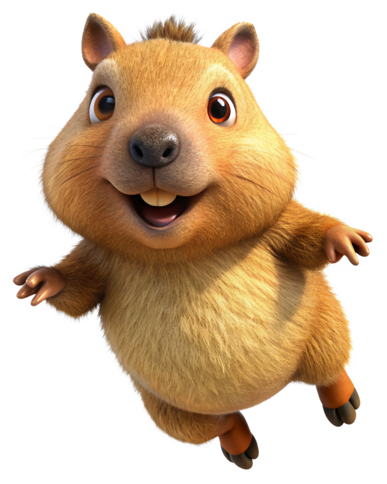 Excited fluffy capybara mid-jump on transparent background png