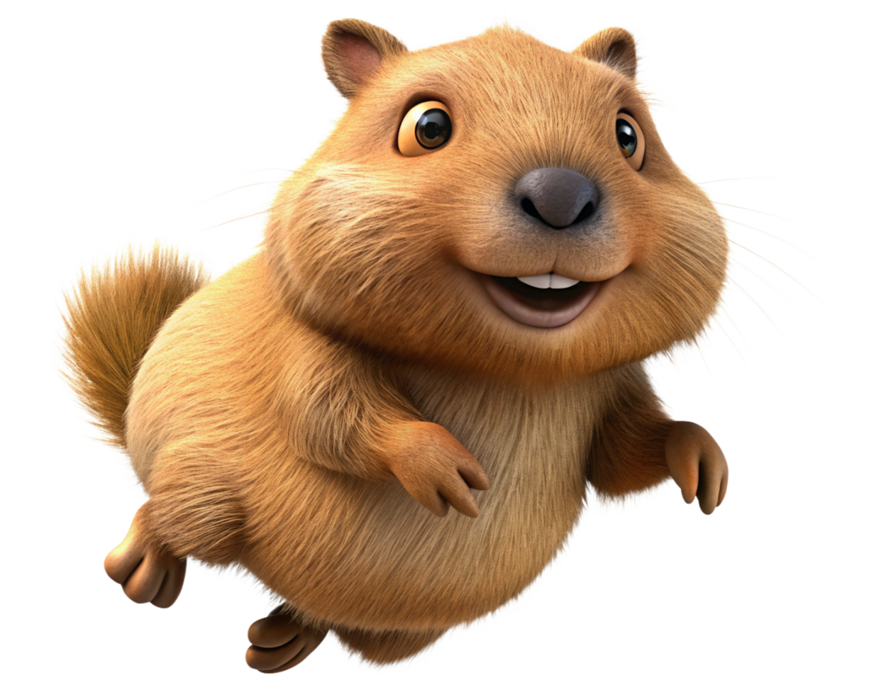 Cute animated capybara hopping happily with transparent background png