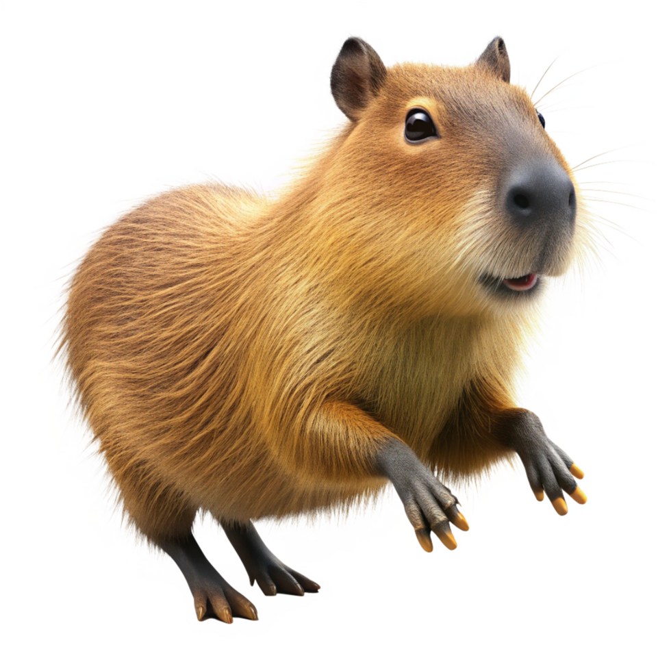 Happy capybara soaring upwards in playful motion with transparent background png