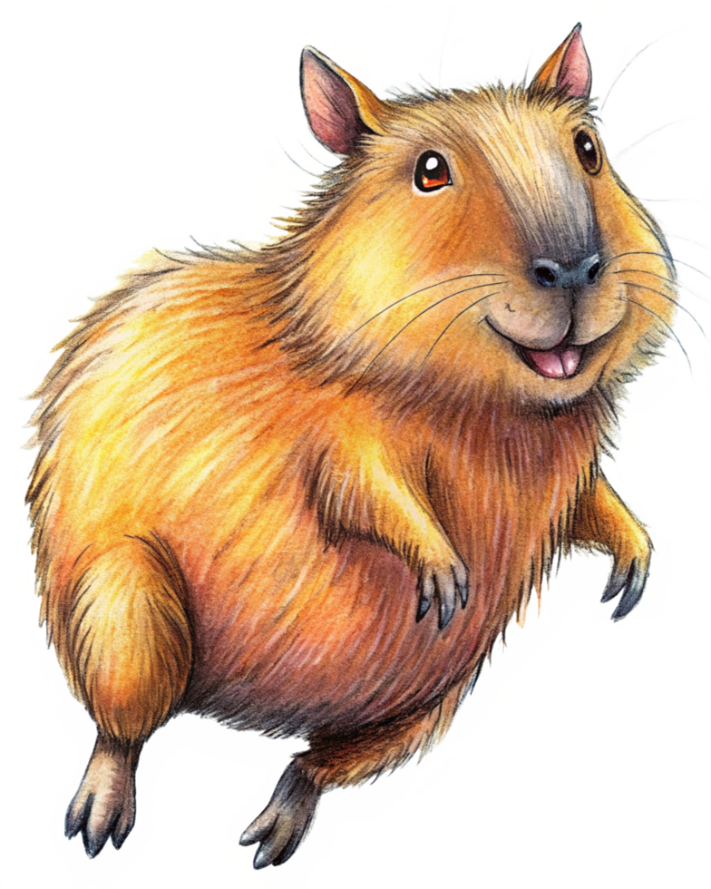 Cute fluffy capybara in an energetic jump on transparent background png