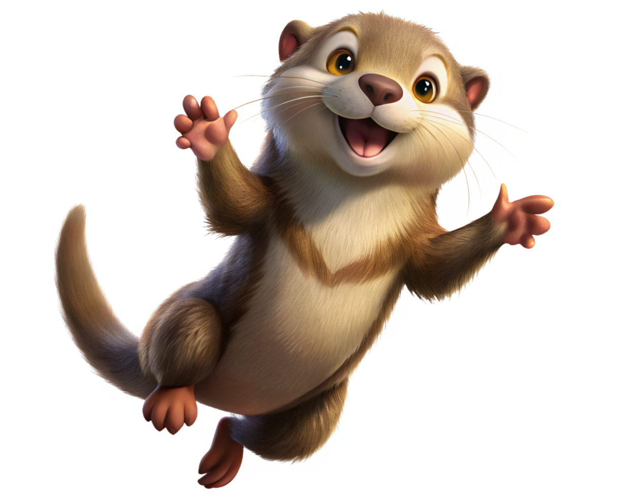 Happy animated otter in mid-air with transparent background png