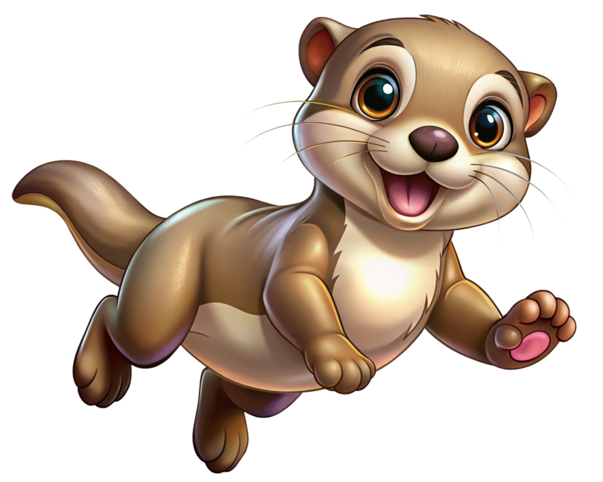 Joyful cartoon otter mid-air with transparent background png